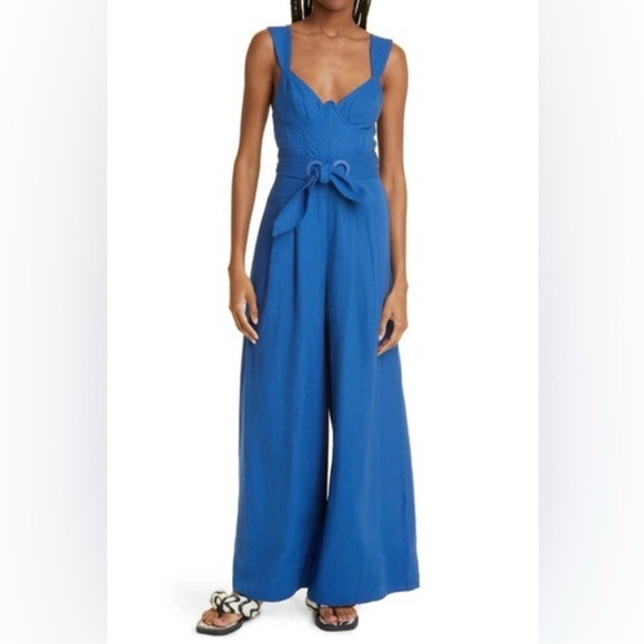 Farm Rio Blue Linen Blend Jumpsuit Wide Legged Size Small - Picture 4 of 6